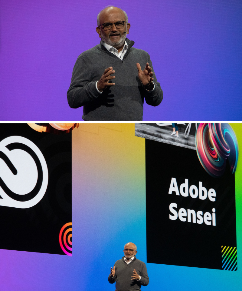 【写真】アドビ・シャンタヌ・ナラヤンCEOと「Adobe Sensei」
