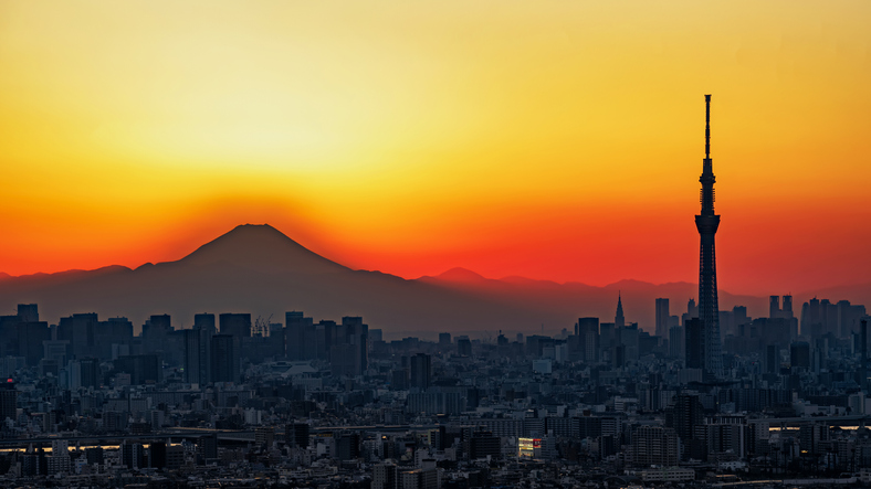【写真】東京都新越しにみる富士山のシルエット