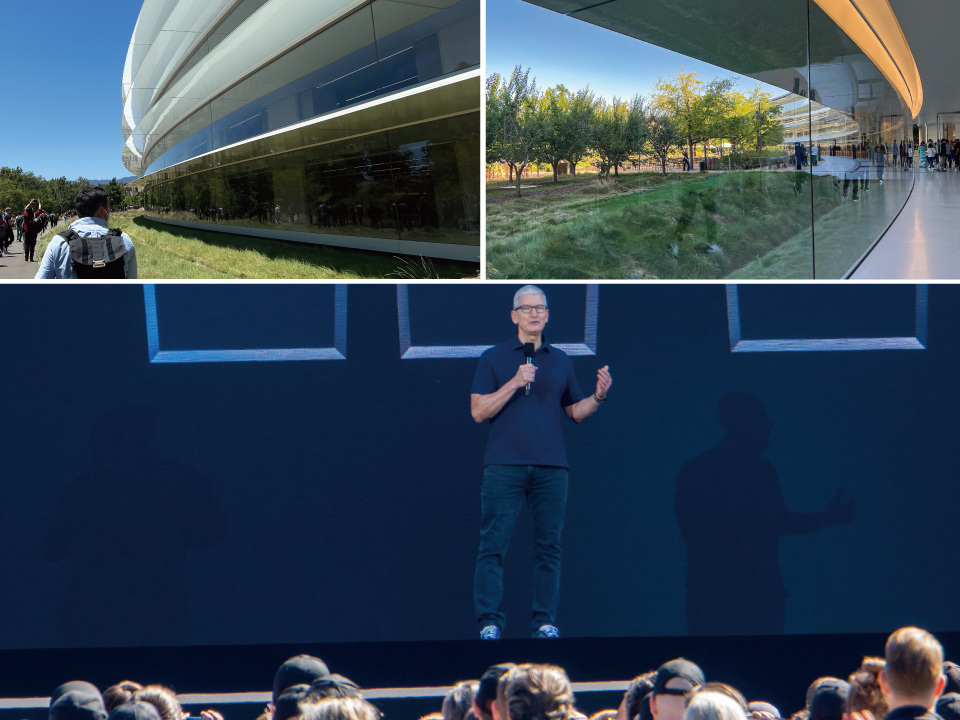 【写真】アップル本社とイベントのスタート時に壇上に姿を見せたティム・クックCEO